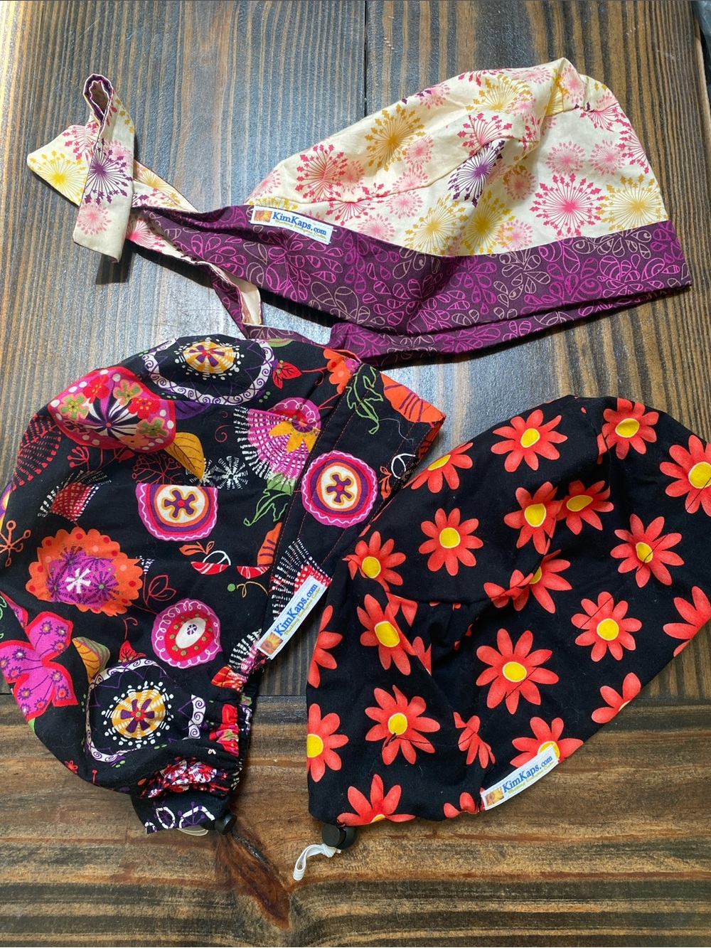 Lot of 3 KimKaps Scrub Caps | Floral Patterns| Euro, Bouffant and Tieback Styles